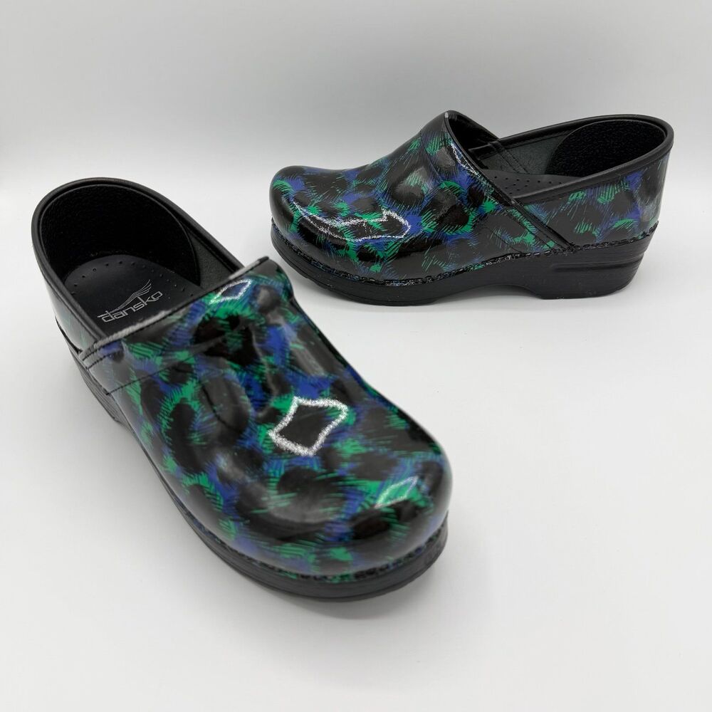 Dansko Black Blue Green Print Patent Professional Clog Size 38 / US 7.5 - 8